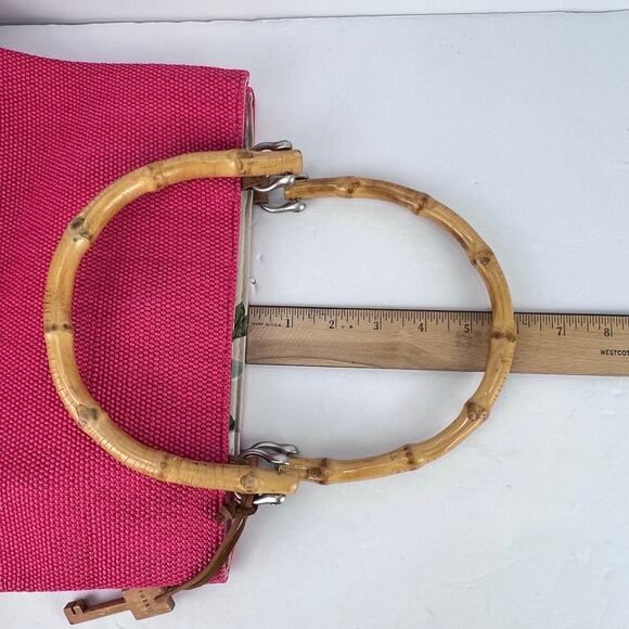 Fossil Bamboo Wooden Handle Woven Satchel Coral Salmon Pink Purse Hand Bag - Picture 9 of 11